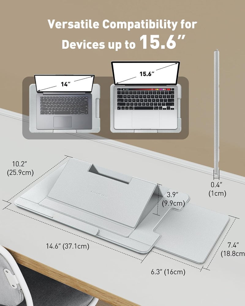 AboveTEK Adjustable Laptop Lap Desk, 3 Ergonomic Angles, PU Leather Non-Slip Surface, Heat Shield, Retractable Mouse Pad, Portable Laptop Lap pad for Bed, Sofa, Travel (Light Gray) - Image 2
